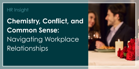 Blog banner showing a couple at a romantic dinner with roses, illustrating the article "chemistry, conflict, and common sense: Navigating Workplace Relationships"