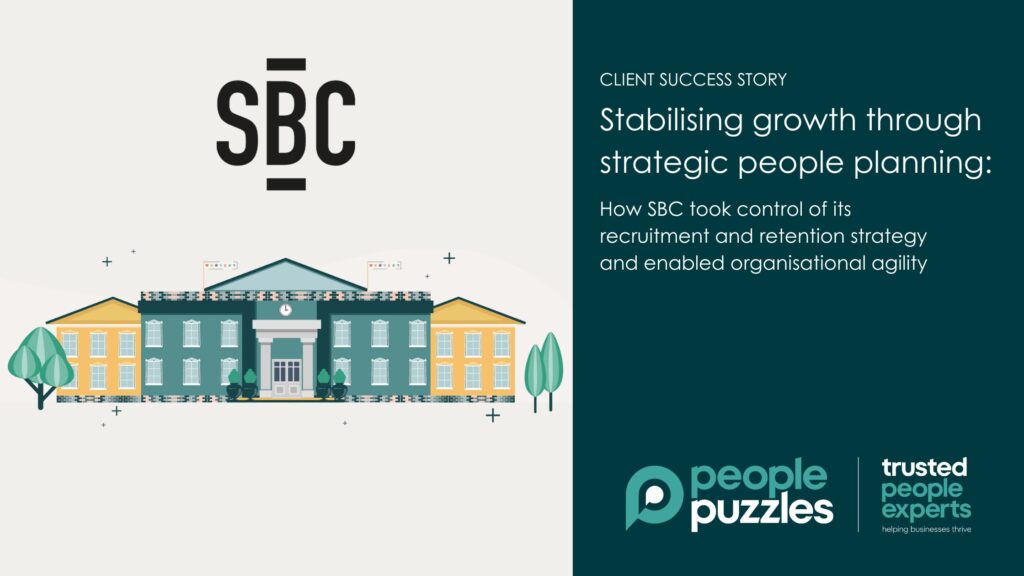 Blog banner featuring SBC logo and blog title Stabilising growth through strategic people planning: How SBC took control of its recruitment and retention strategy and enabled organisational agility