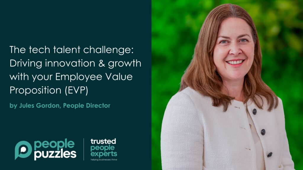 Blog banner with headshot on the right of People Director Jules Gordon and title "The tech talent challenge: driving innovation and growth with your employee value proposition"