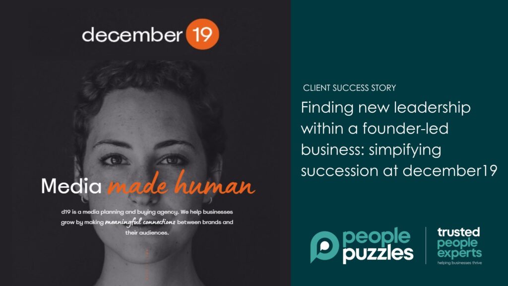 Blog banner with december19 logo and image on left with blog title "findinga new leader within a founder-led business - simplifying succession at december19"