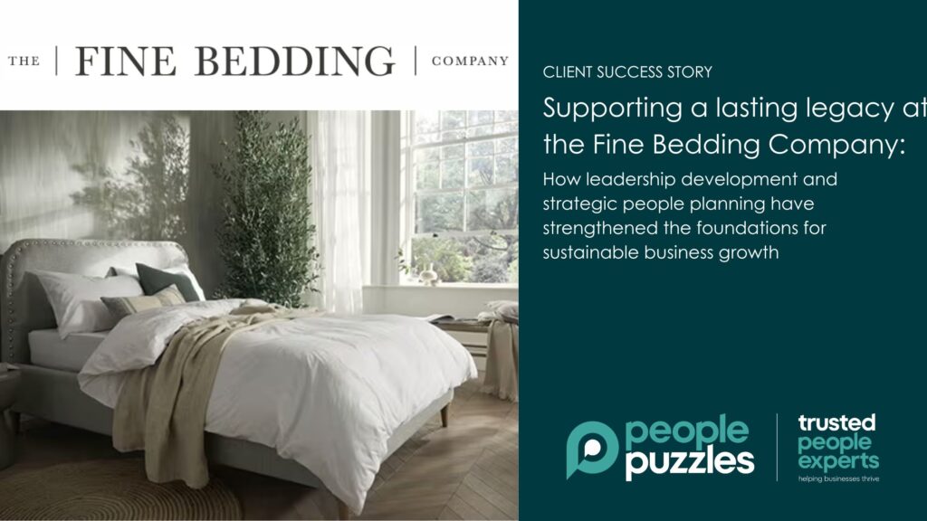 Blog banner showing image of bedroom and The Fine Bedding Company logo with blog title Supporting a lasting legacy at The Fine Bedding Company: how leadership development and strategic people planning helped support sustainable business growth