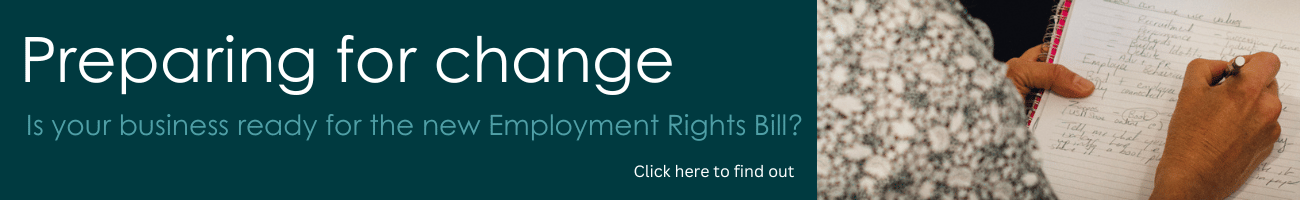 Footer banner with image of pen and paper and title Preparing for Change: is your business ready for the new employment rights bill