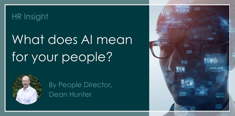 HR Insight banner with the title 'What does AI mean for your people?' by People Director, Dean Hunter. The design includes a photo of Dean Hunter in a circle on the left and a profile of a person with digital AI graphics on the right.