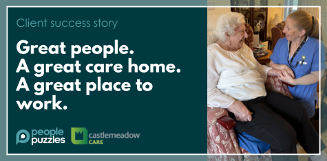 Carer sitting beside an elderly resident in a care home, holding her hand and smiling, alongside text reading “Great people. A great care home. A great place to work.”
