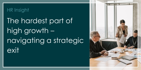 Blog banner titled “The hardest part of high growth – navigating a strategic exit”, showing business leaders in a meeting reviewing documents around a boardroom table.