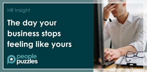 A business owner sits at a desk looking stressed, holding their head while working on a computer, with the text: “HR Insight – The day your business stops feeling like yours.”