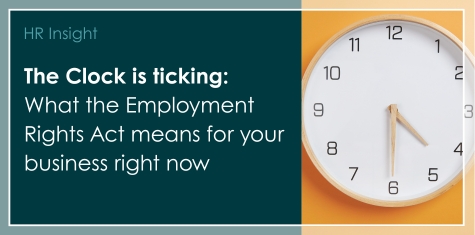 Headline “The clock is ticking: What the Employment Rights Act means for your business right now” beside a large wall clock on a yellow background.